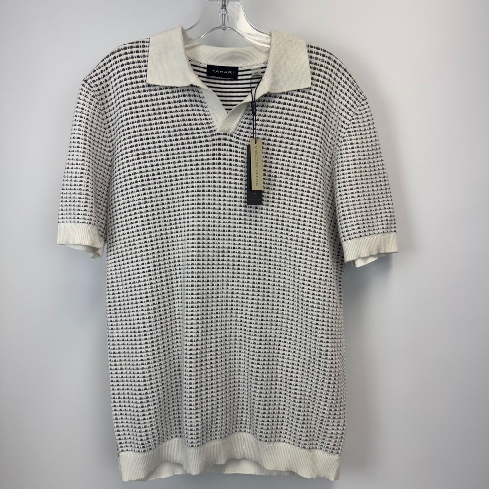 Tahari Mens Black White Textured Knit Polo Shirt Viscose Blend Short Sleeve S/P